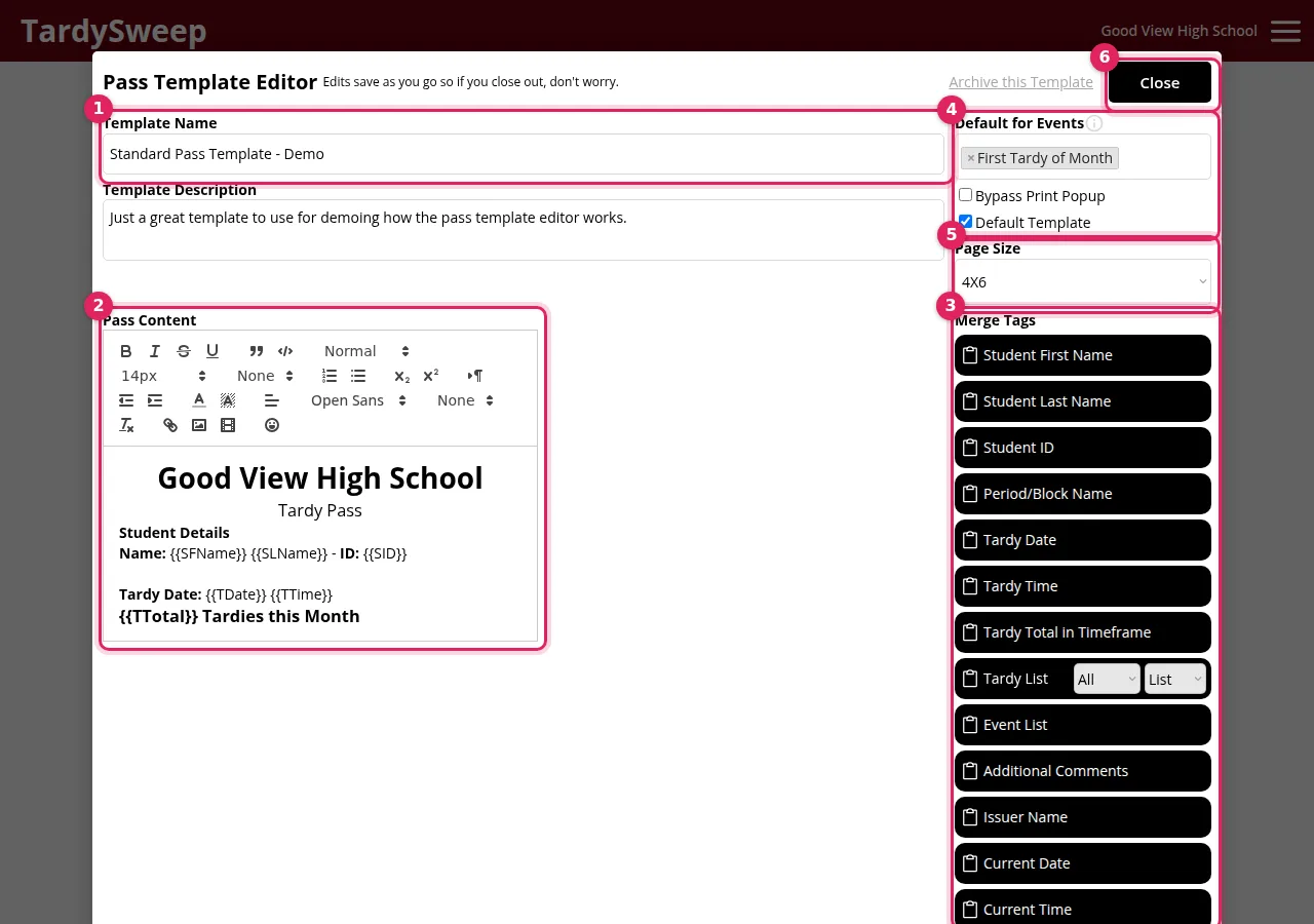The TardySweep pass template editor with merge tags and page size