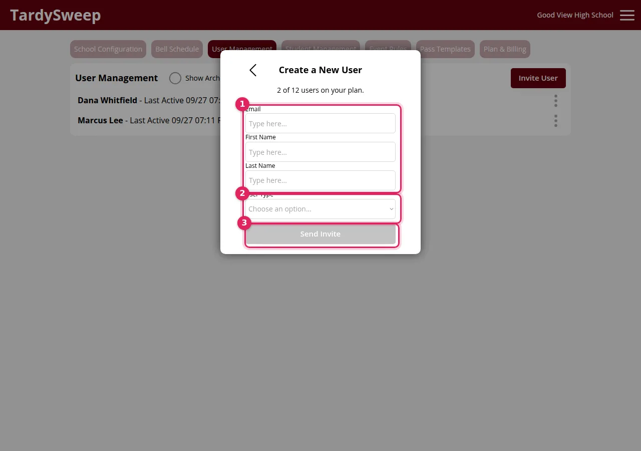 Inviting a team member to TardySweep and choosing their user type